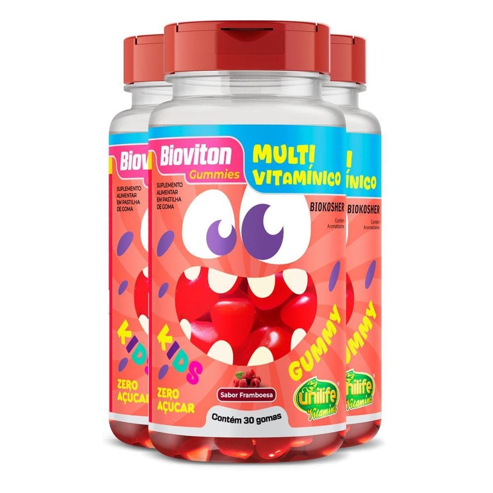 Kit 3 Gummy Kids Multivitamínico Unilife 30 Gomas Framboesa