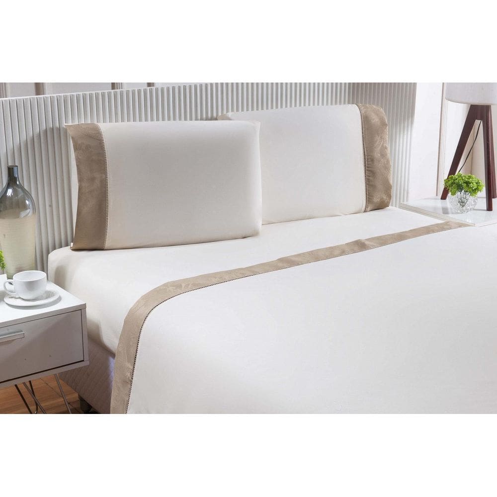 Lençol 4 Peças Cama Viúva188X128X 30 Barrado Jacquard Caqui