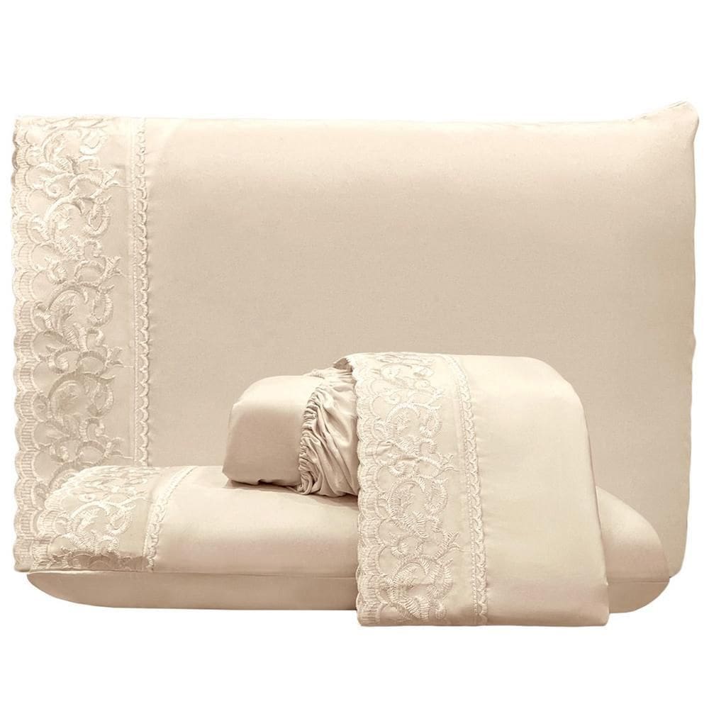 Jogo Cama Lençol King Top Line 4 Peças Palha 100% Poliéster