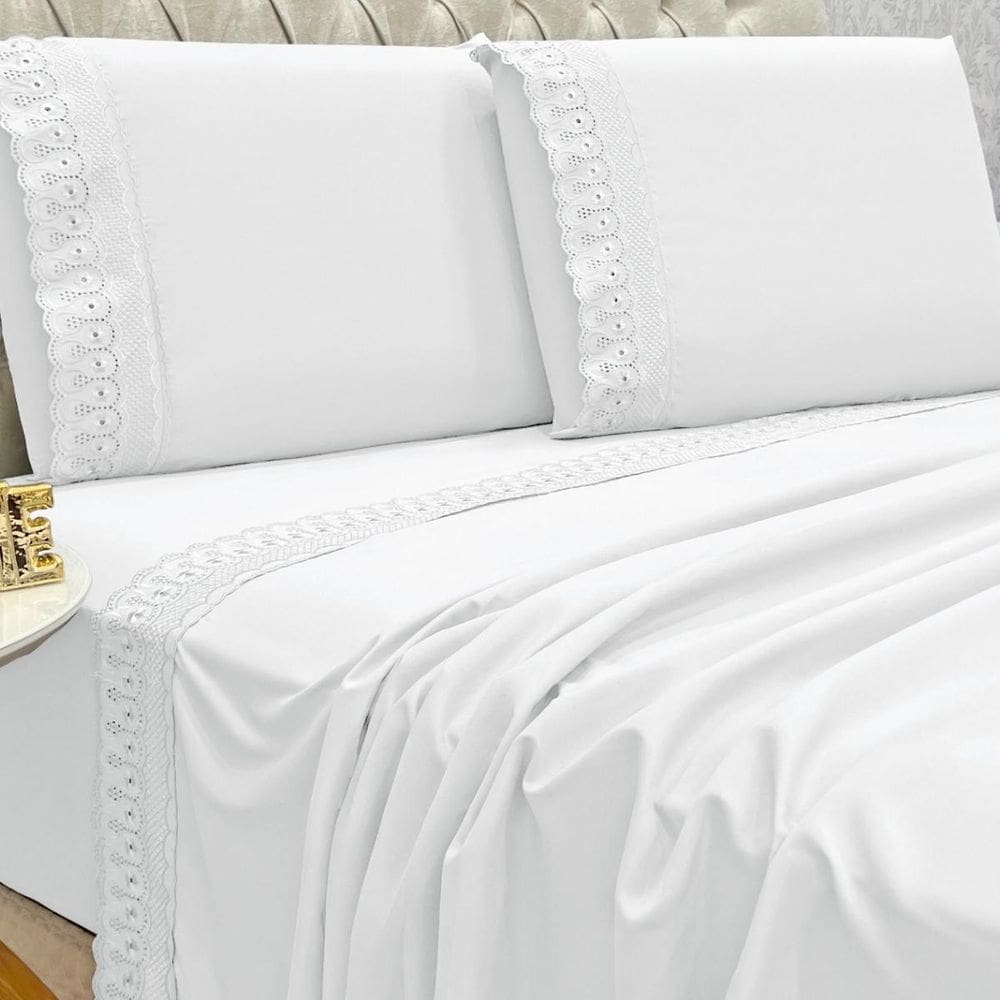 Conjunto Cama Casal Queen Size Lily 04 Pç Bordado 300 Fios