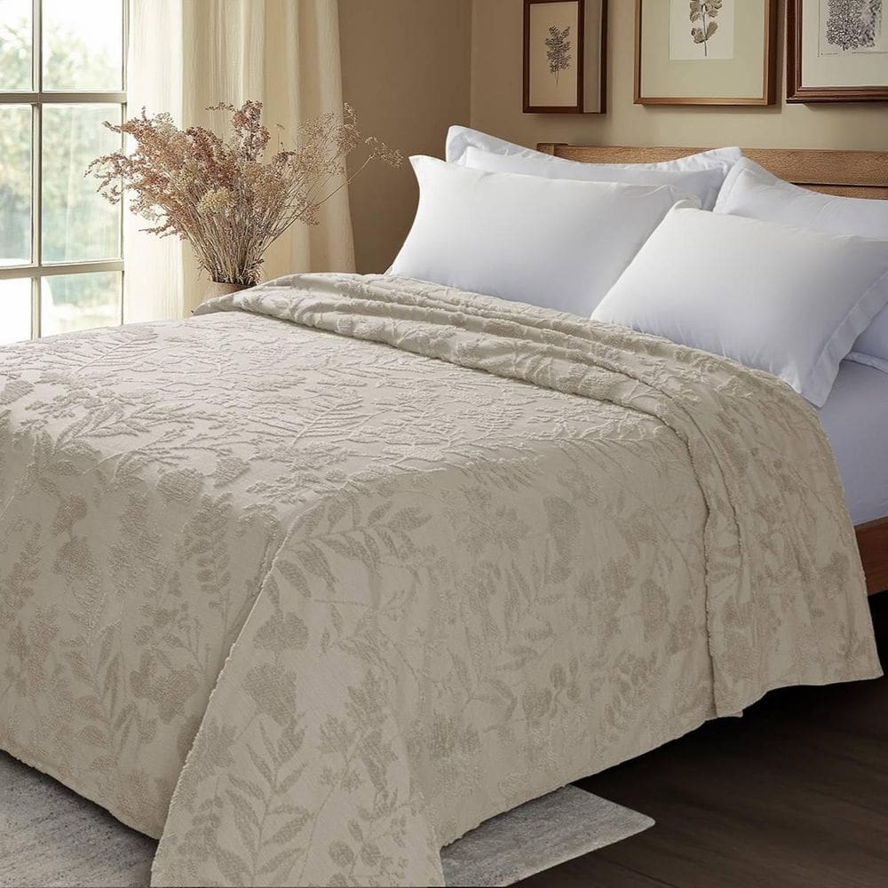 Colcha Chenille Jolitex Solteiro Lavanda Toque Algodão Bege