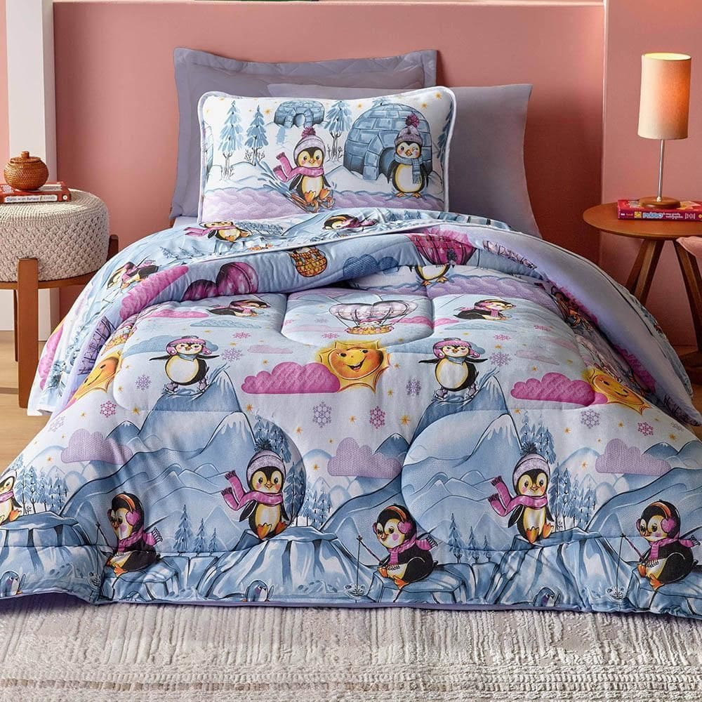 Edredom Mymo Solteiro Dupla Face Malha Pinguim 100% Algodão