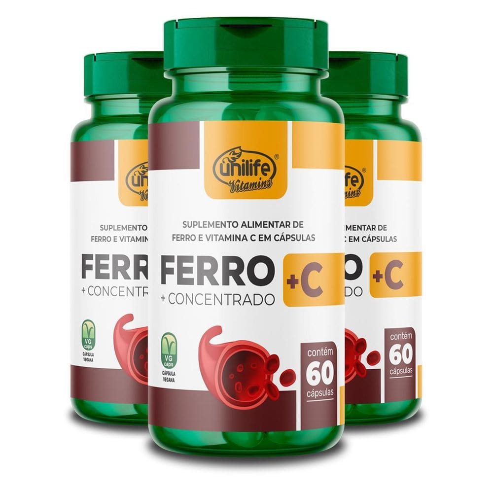 Kit 3 Ferro Com Vitamina C Unilife 60 Cápsulas