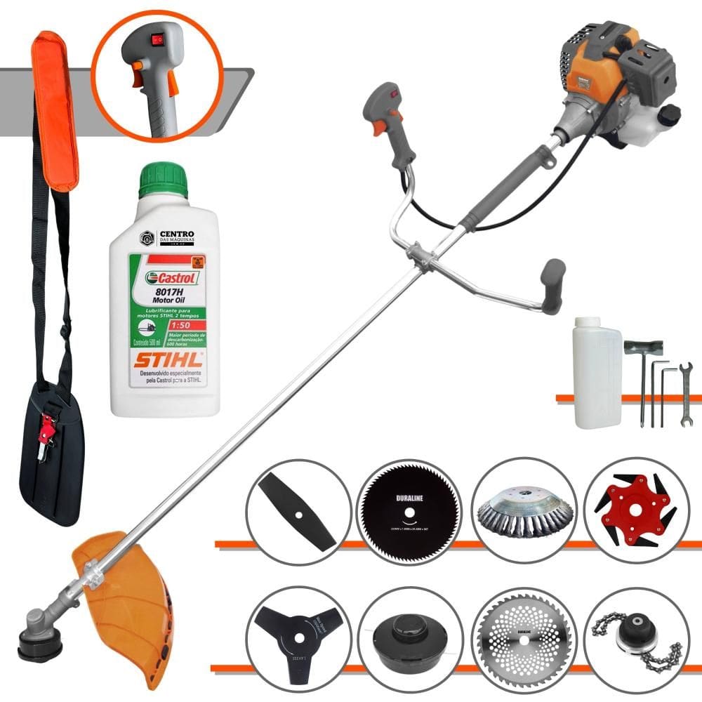 Roçadeira Tekna RL520P 52cc 2HP + Facas 2 Pontas, 3 Pontas, 6 Pontas, 40 Dentes, 80 Dentes, Trimmer, Carretel, Escova de Aço + ÓLEO STIHL 2T