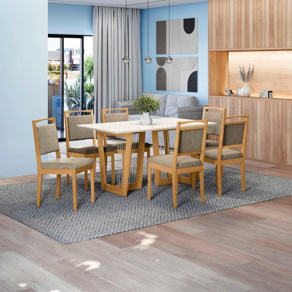 Conjunto Sala De Jantar Lina Em Madeira Maciça 6 Cadeiras Linho Fendi