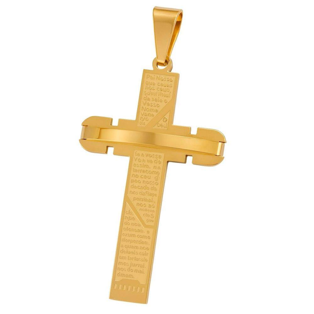 Pingente Aço Inoxidável Dourado Cruxidixo Oração Pai Nosso