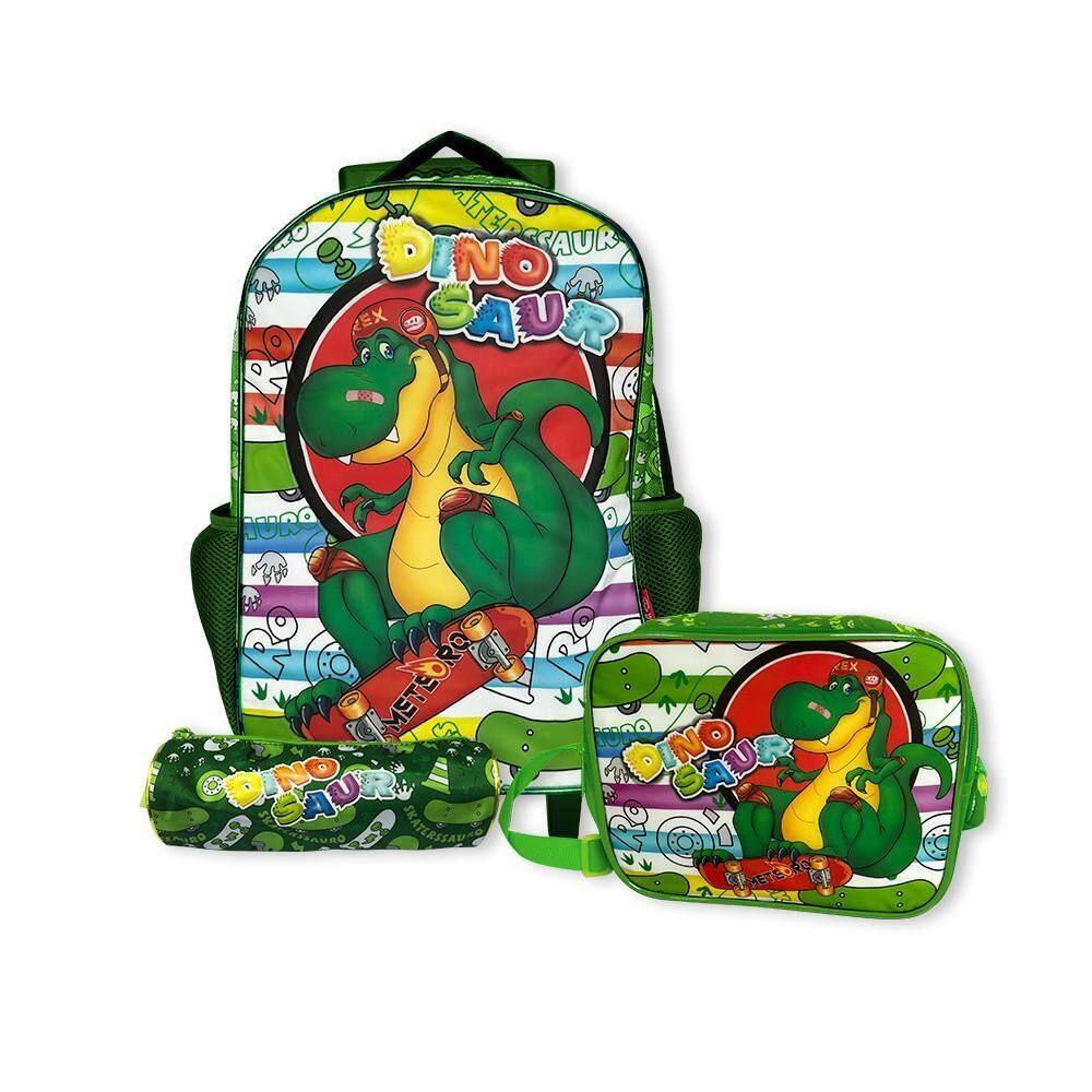 Kit Mochila Infantil Escolar Com 3 Peças Dinossauro Verde