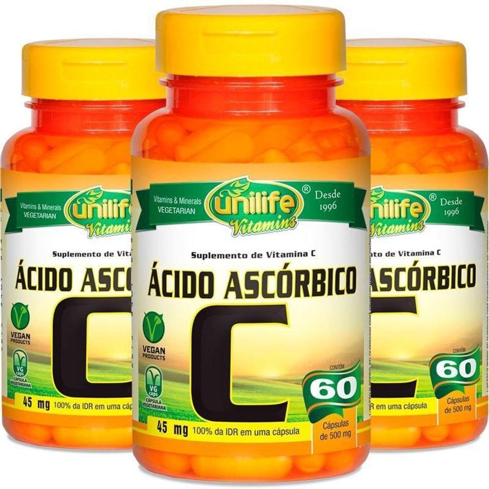 Kit 3 Vitamina C Ácido Ascórbico 60 Cápsulas Unilife