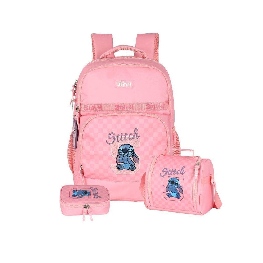 Kit Mochila Stitch Costas Lancheira E Estojo Box Escola Rosa