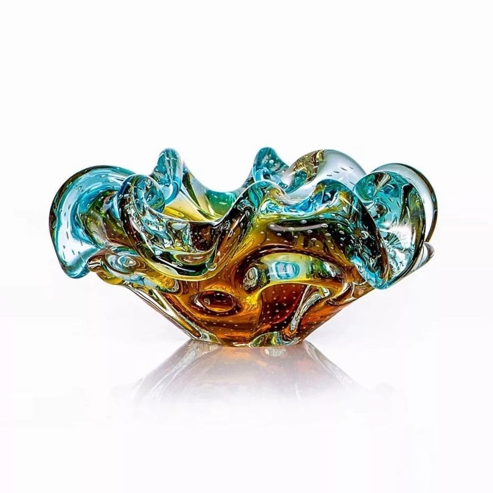 Centro de Mesa Decorativo de Vidro Murano Degradê Âmbar com Azul 22x10cm São Marcos