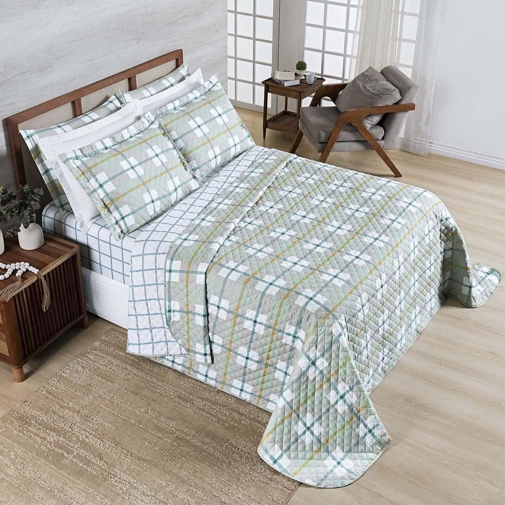 Kit Colcha Belle Casal Dupla Face 400 Fios 3Peças Grid Verde