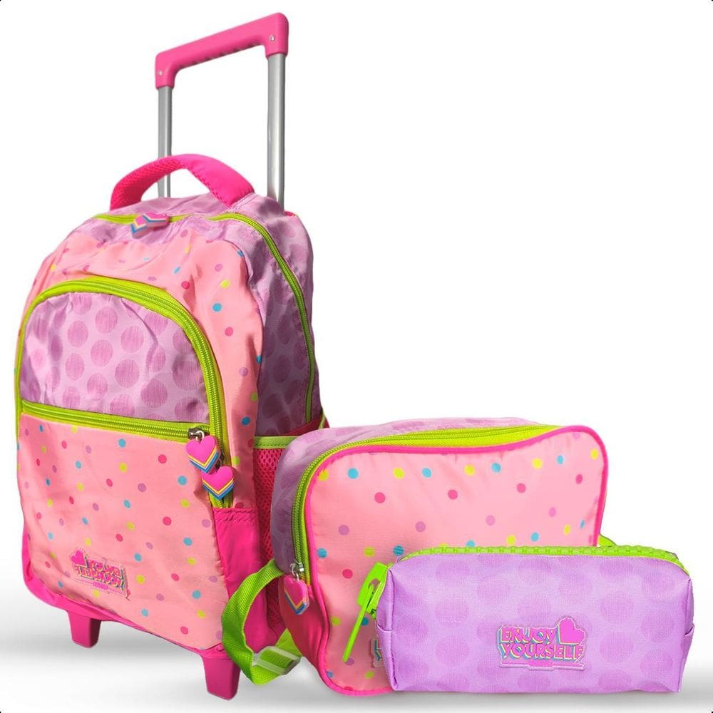 Kit Mochila De Rodinha Escolar Infantil Menina Estojo - Rosa
