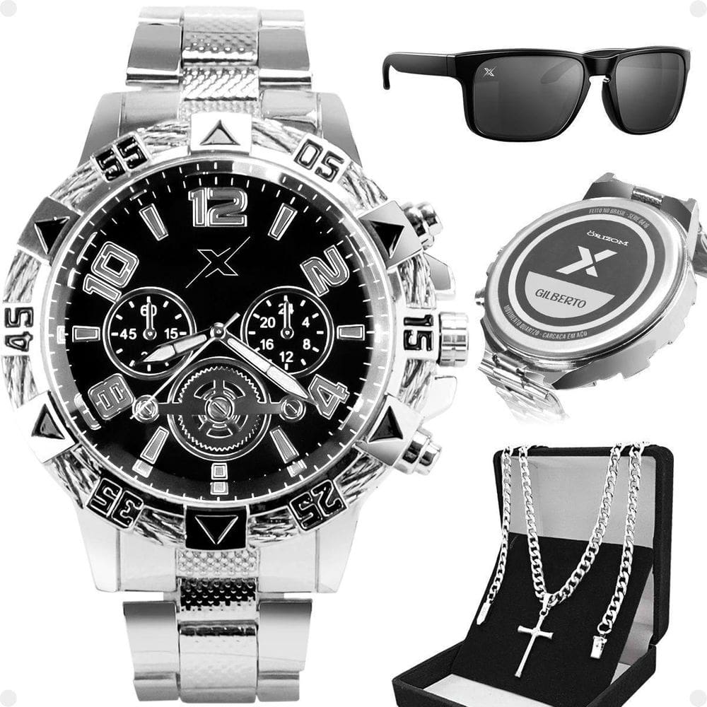 Relogio Masculino Prata + Cordão Cruz + Oculos Sol Analogico