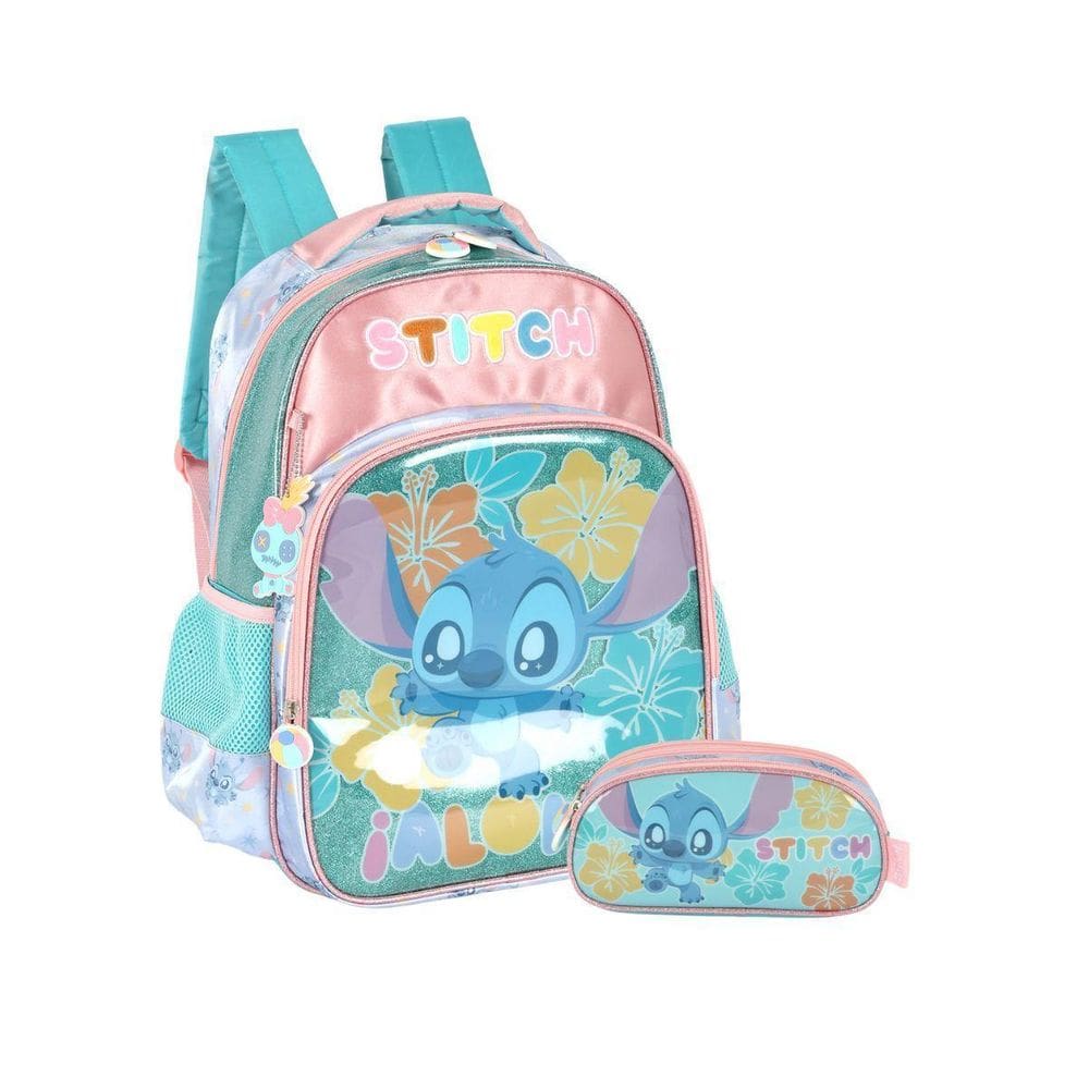 Kit Mochila Stitch Costas E Estojo Disney Escolar Turquesa