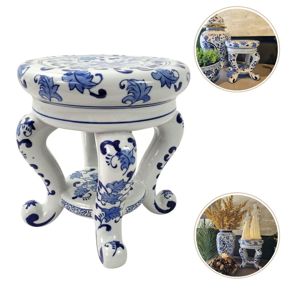 Mini Seat Garden Azul E Branco Banqueta 22Cm Decoração Mesa