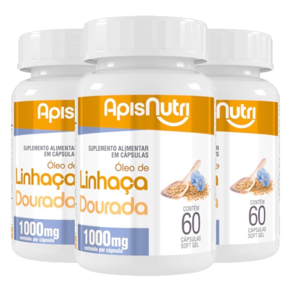 Kit 3 Óleo De Linhaça Dourada 1000Mg Apisnutri 60 Cápsulas