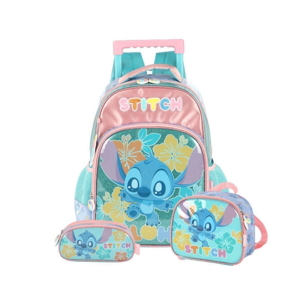Kit Mochila Stitch Rodas Lancheira E Estojo Triplo Turquesa