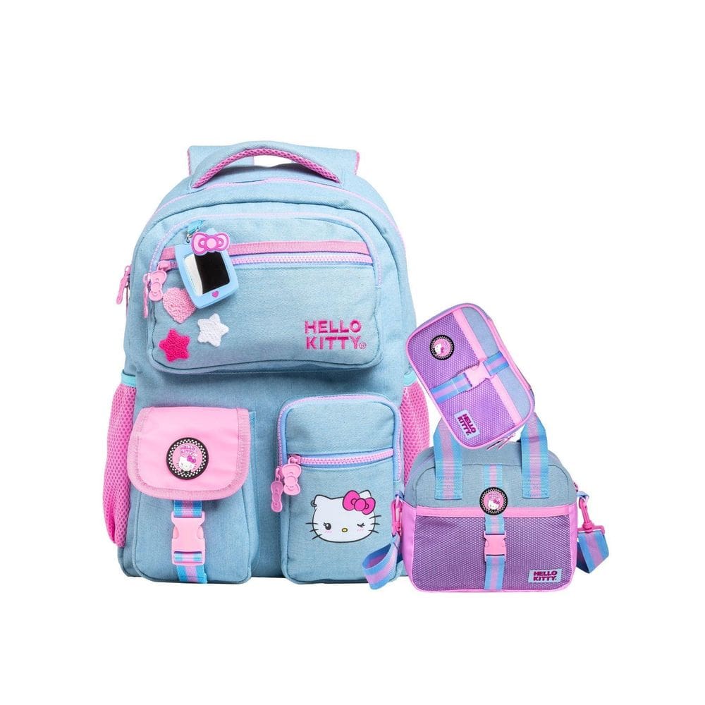 Kit Hello Kitty Jeans Mochila Rodas + Lancheira + Estojo Box