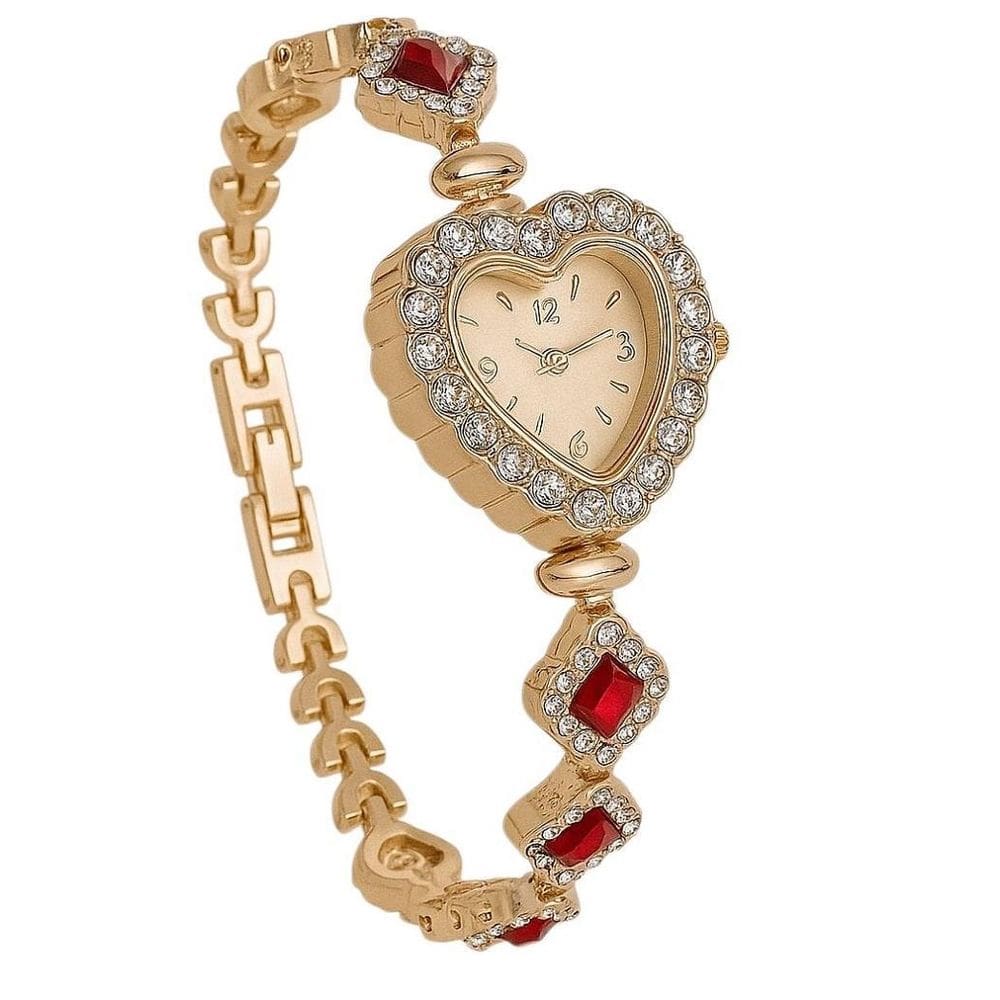Relogio Detalhes Brilhante Coração Vermelho Dourado Leve