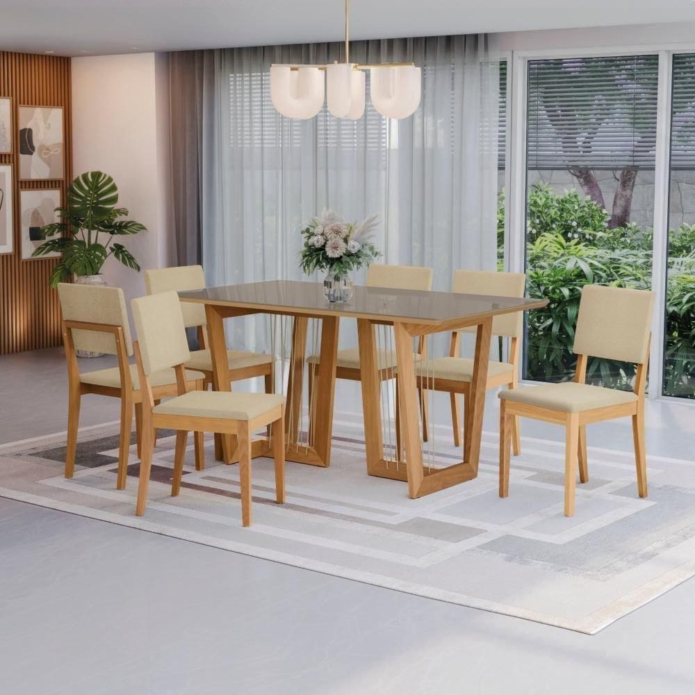 Conjunto Sala De Jantar Dora Em Madeira Maciça 6 Cadeiras Boucle Bege
