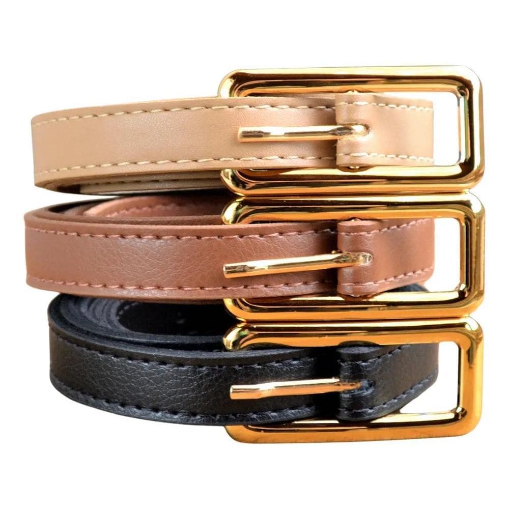 2X Kit 3 Cintos Feminino Fino Com Fivela Retangular Dourada