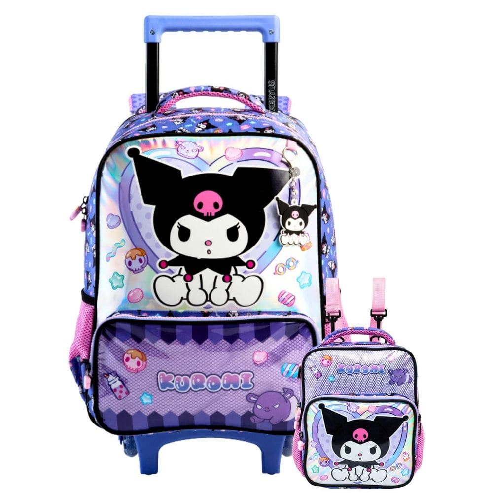 Kit Kuromi Hello Kitty Mochila Rodas + Lancheira Holografica