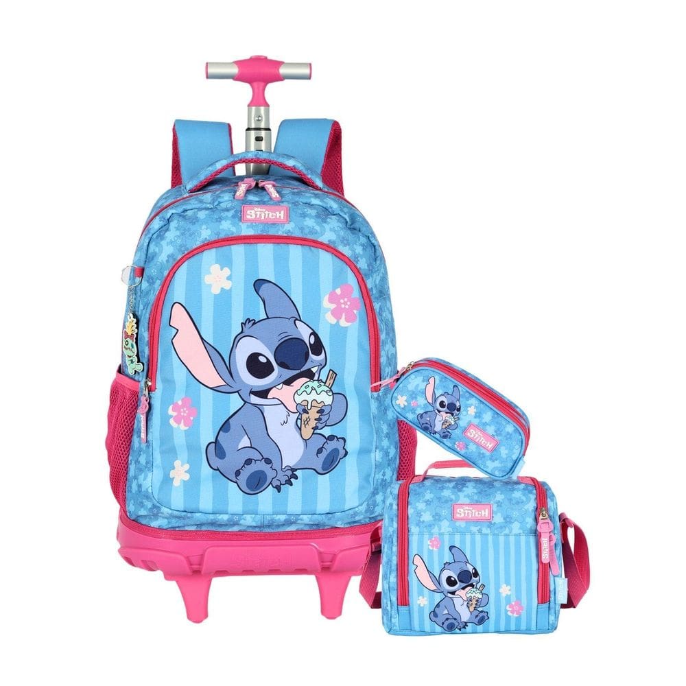 Kit Lilo Stitch Mochila Rodas + Lancheira + Estojo Triplo