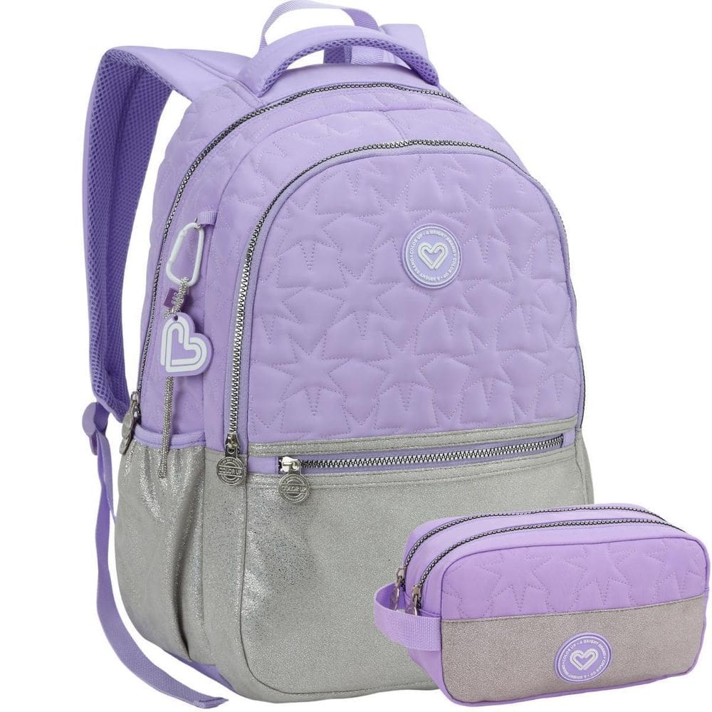 Kit Mochila Costas Escolar Color Up Estojo Glitter - Lilás
