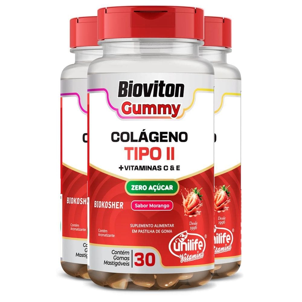 Kit 3 Gummy Colágeno Tipo Ii Morango Unilife 30 Gomas
