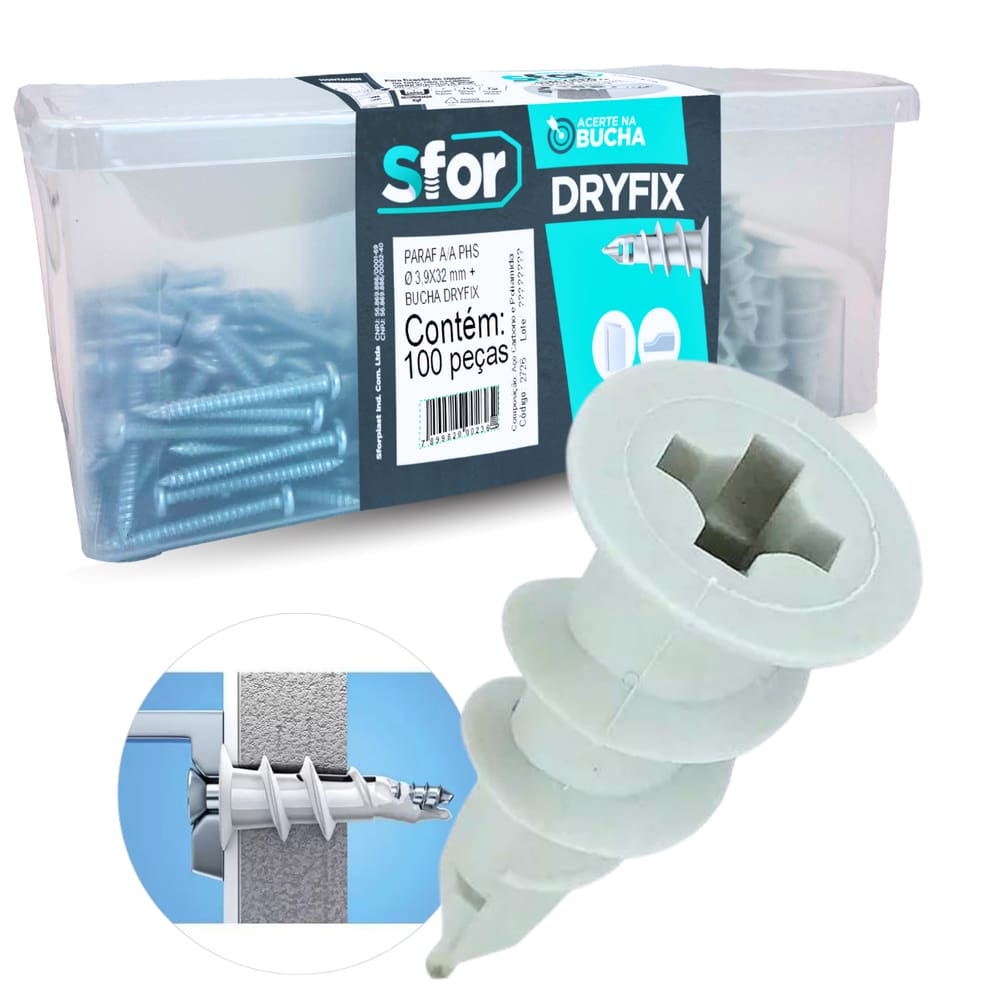 Kit Bucha Parafuso Dryfix 200pçs Fixação Rápida Drywall Caixa Sfor