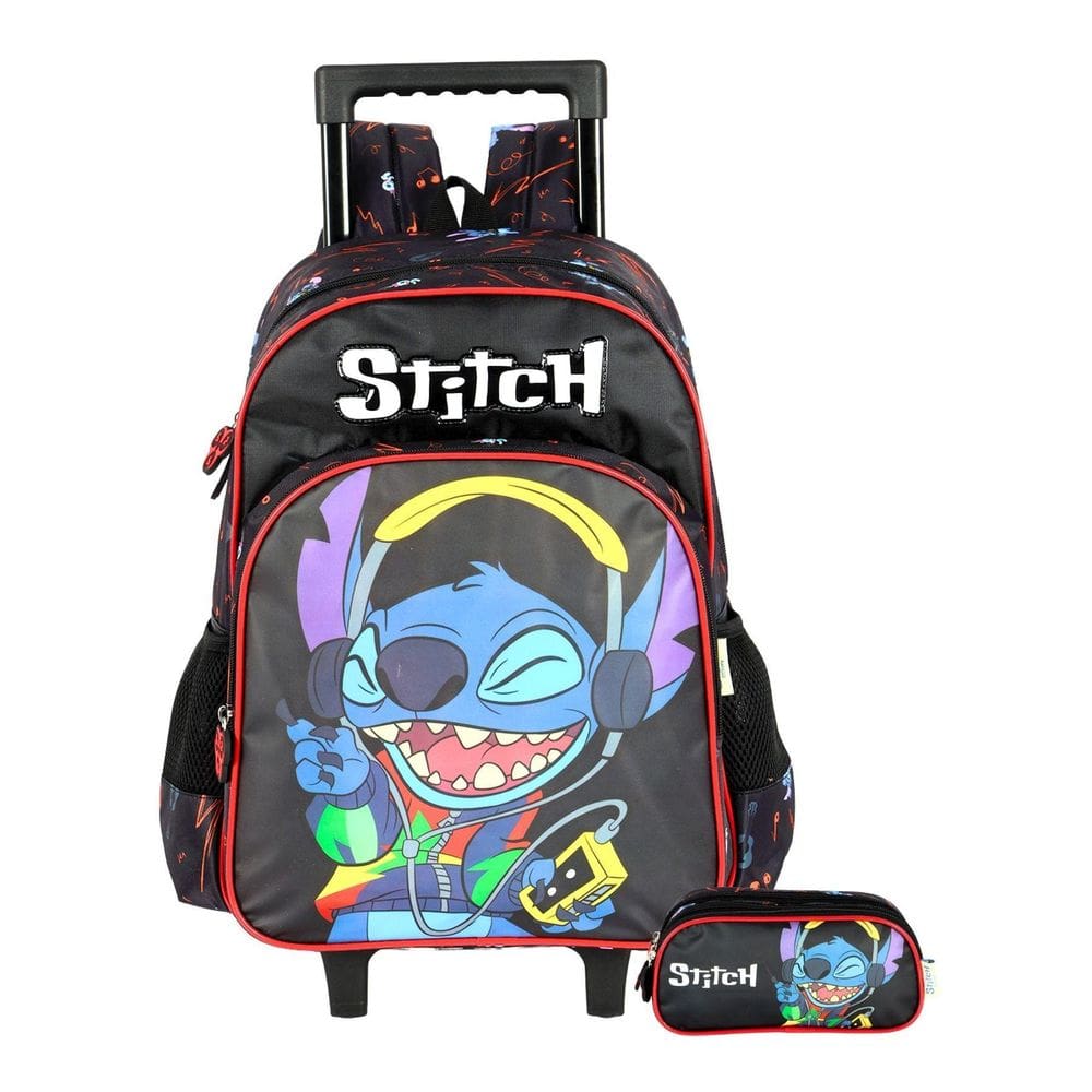 Kit Lilo Stitch Mochila Rodas + Estojo Triplo Menino - Preto