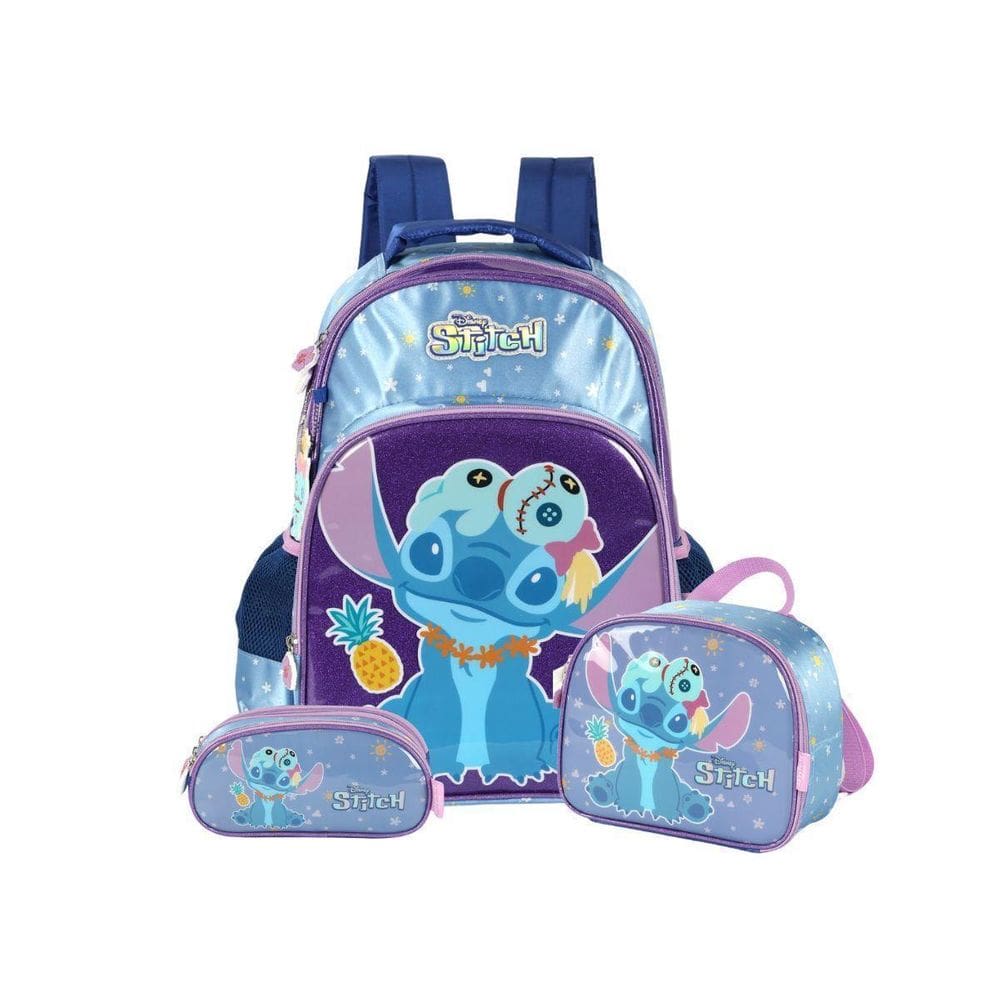 Kit Mochila Stitch Costas Lancheira E Estojo Triplo Violeta