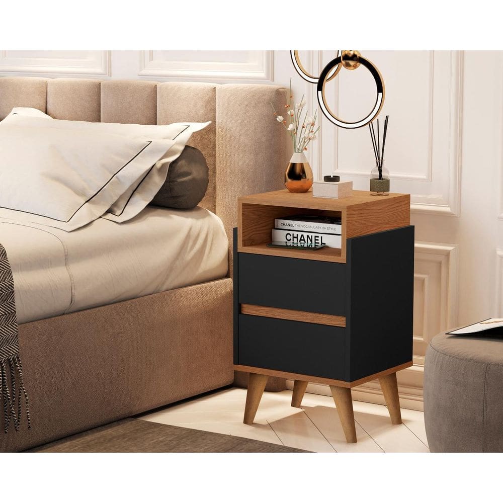 Mesa Cabeceira Pés Palito Venezza Plus Cor Preto / Nature