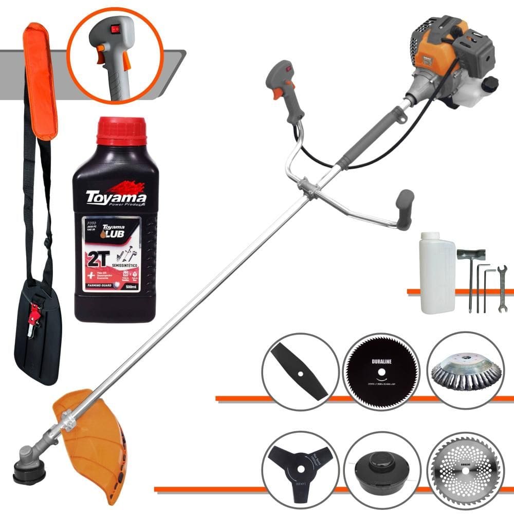 Roçadeira Tekna RL520P À Gasolina 52cc 2HP 6 Em 1 Com Carretel + Faca 2 Pontas, 3 Pontas, 40 Dentes e 80 Dentes + Escova de Aço + ÓLEO TOYAMA