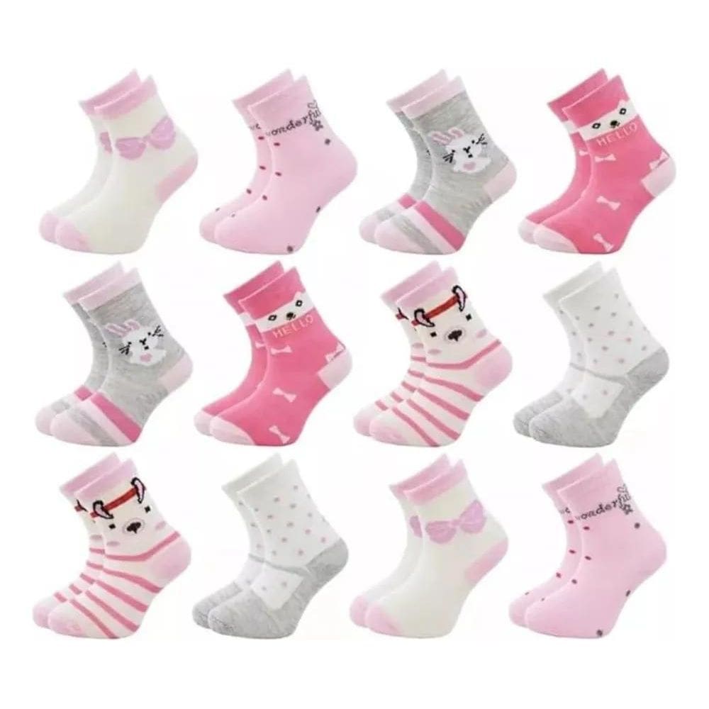 2X Meias Diversas Kit 12 Pares Estampas Femininas 4 A 12 Ano