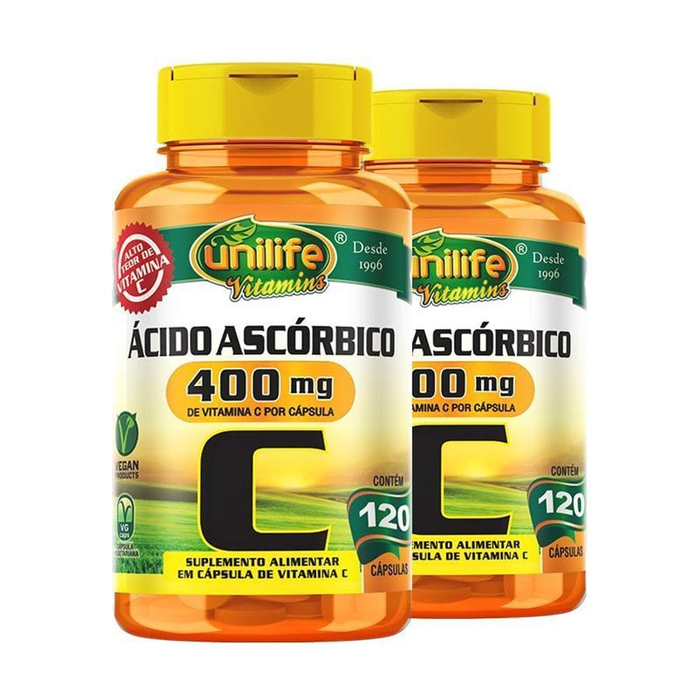 Kit 2 Vitamina C Ácido Ascórbico Unilife 120 Caps Veganas