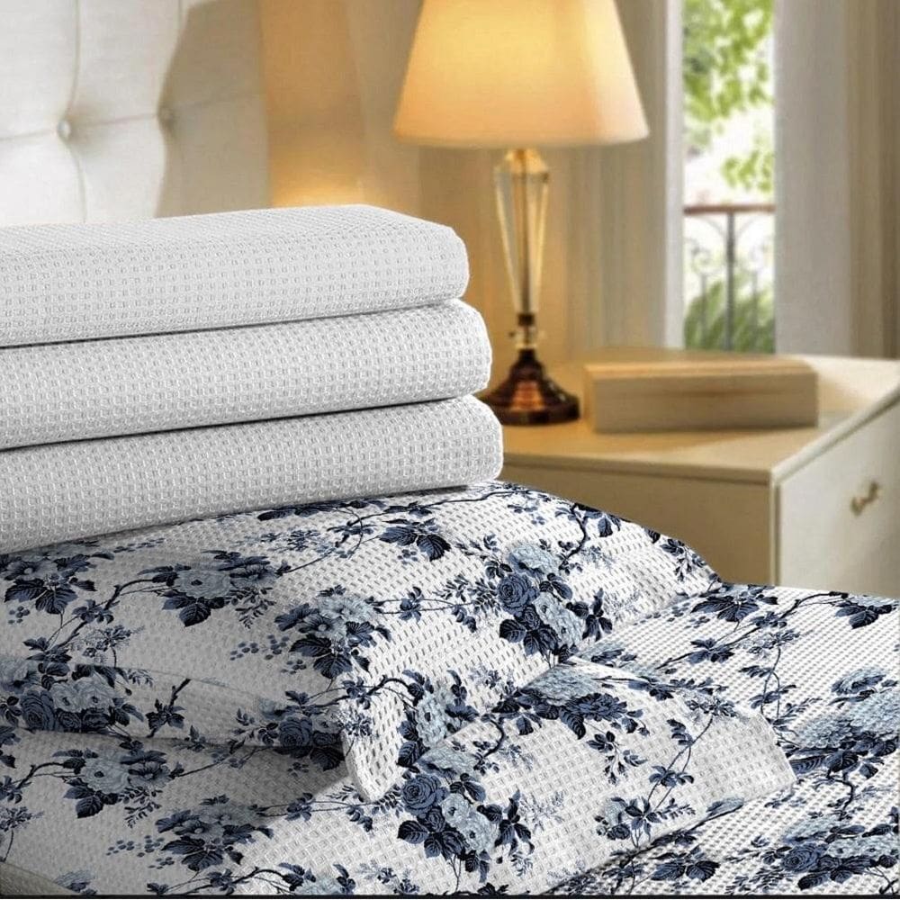 Kit 4 Fronhas Travesseiro 50X70 Piquet Estampa Floral Azul