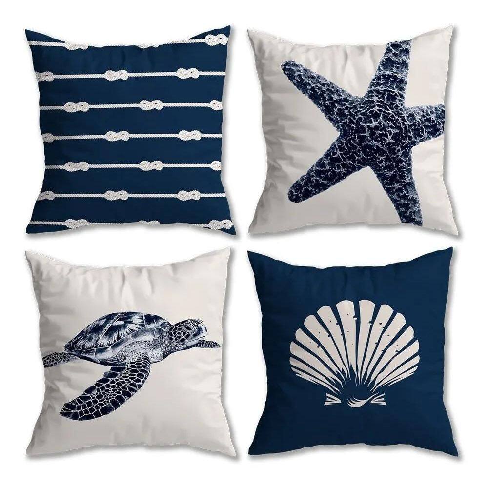 2X Kit 4 Capas De Almofada Veludo Nautica Azul Estrela + Con