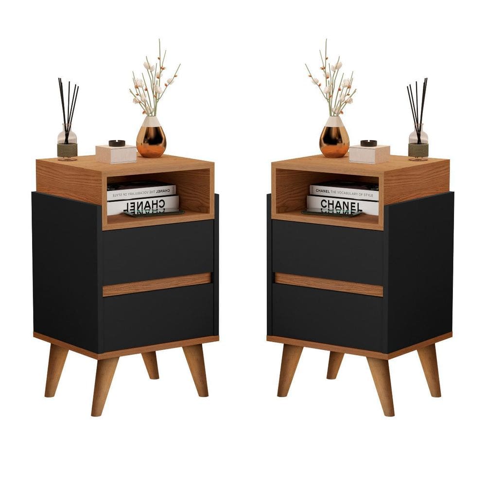 Kit 2 Mesas Cabeceira Pés Palito 2 Gavetas Verona Plus Preto