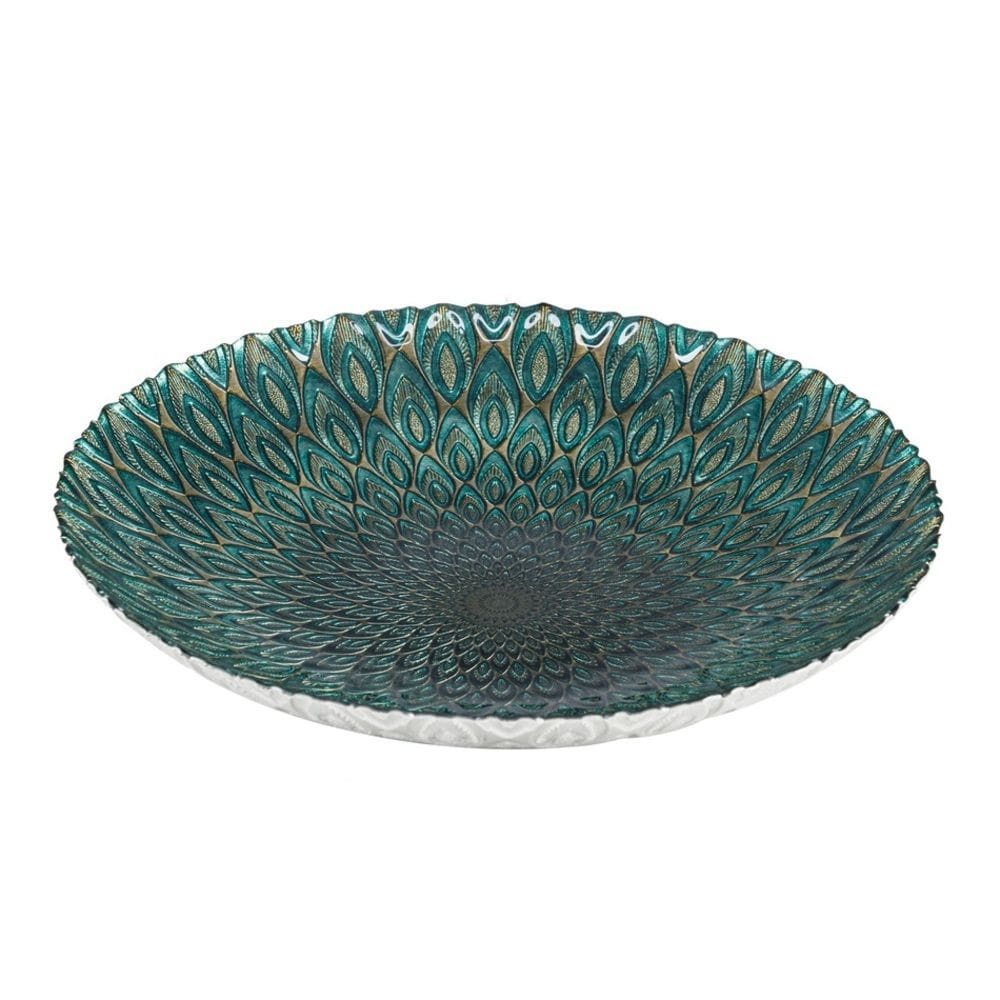 Centro de Mesa Decorativo de Vidro Peacock Verde C/Dourado 40x7cm Wolff