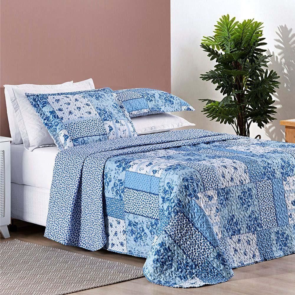 Cobre Leito Colcha King Brytti 3 Peças Azul - 100% Poliéster