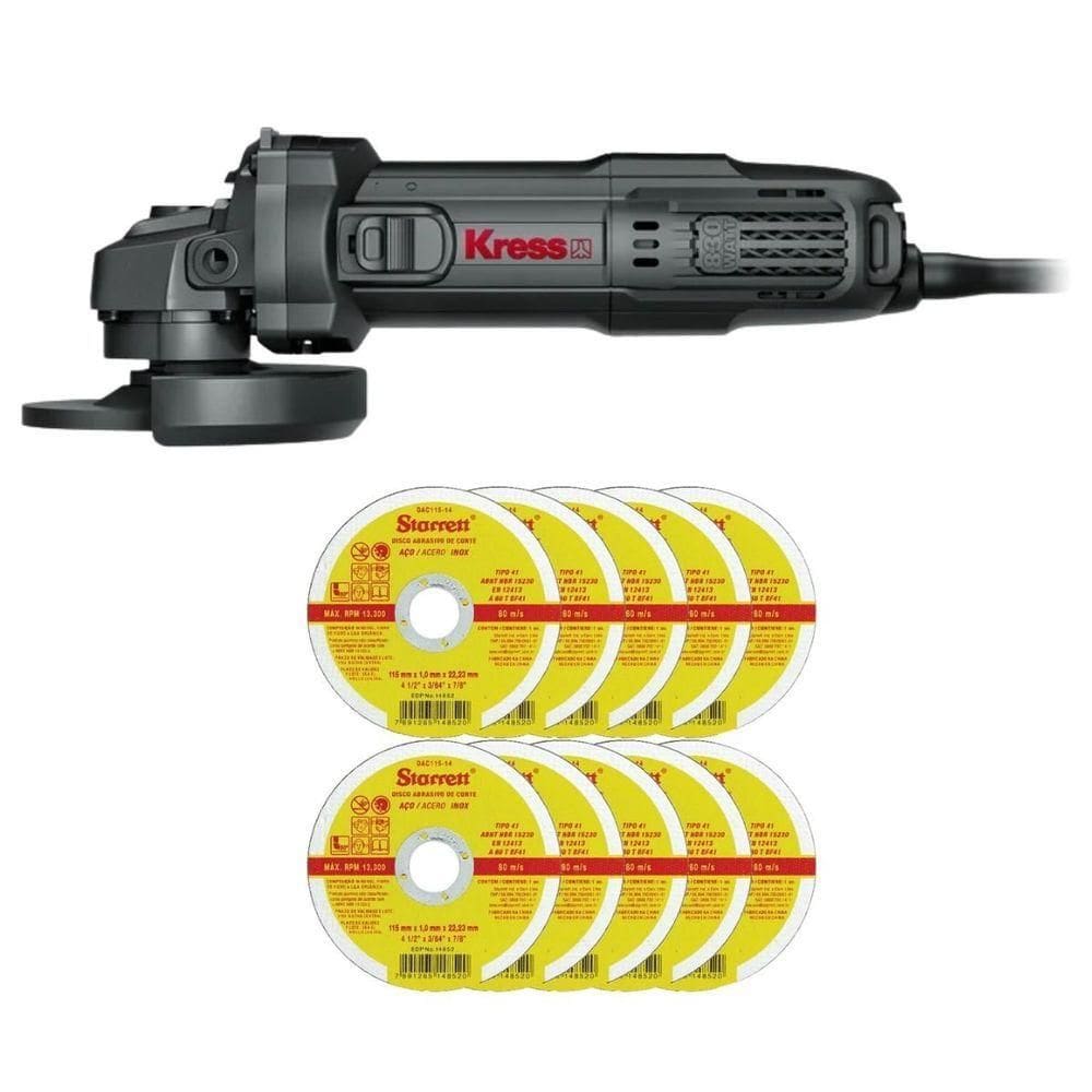 Kit Esmerilhadeira Angular 115mm 830w Kress Kus04p + 10 Unidades Disco De Corte Fino 4.1-2 Pol 115x1