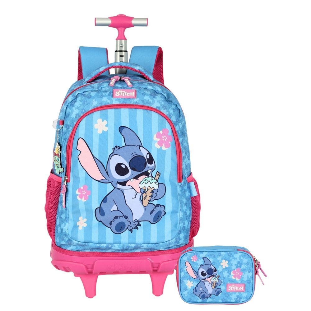 Kit Lilo Stitch Mochila 2Em1 Rodas Costas + Estojo Box Luxo