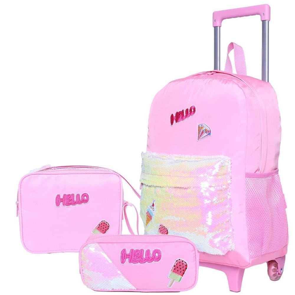 Kit Mochila De Rodinha Estojo Lancheira Impermeável -Rosa