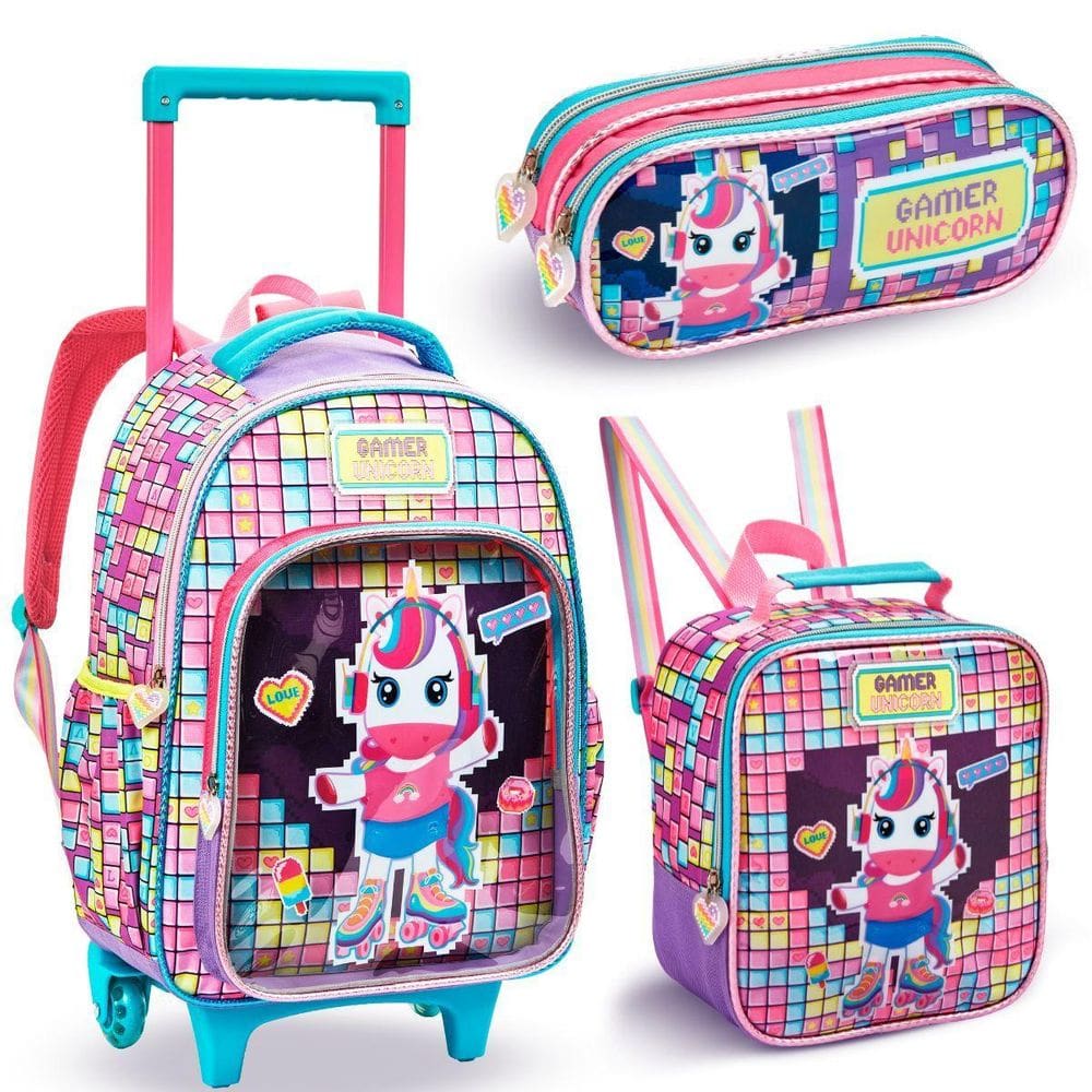 Kit Mochila Rodinhas Lancheira Estojo Escolar Unicornio Game