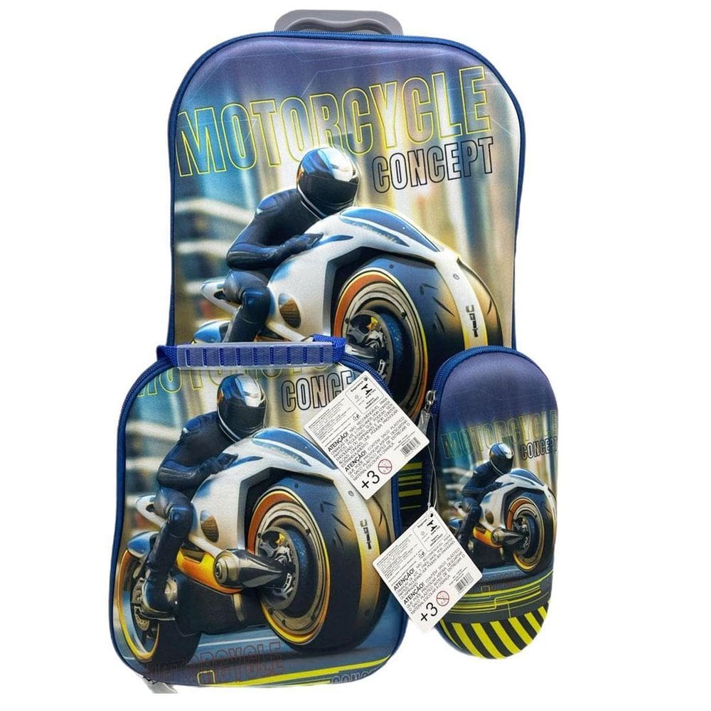 Kit Mochila Com Rodinhas E Lancheira + Estojo Motorcycle