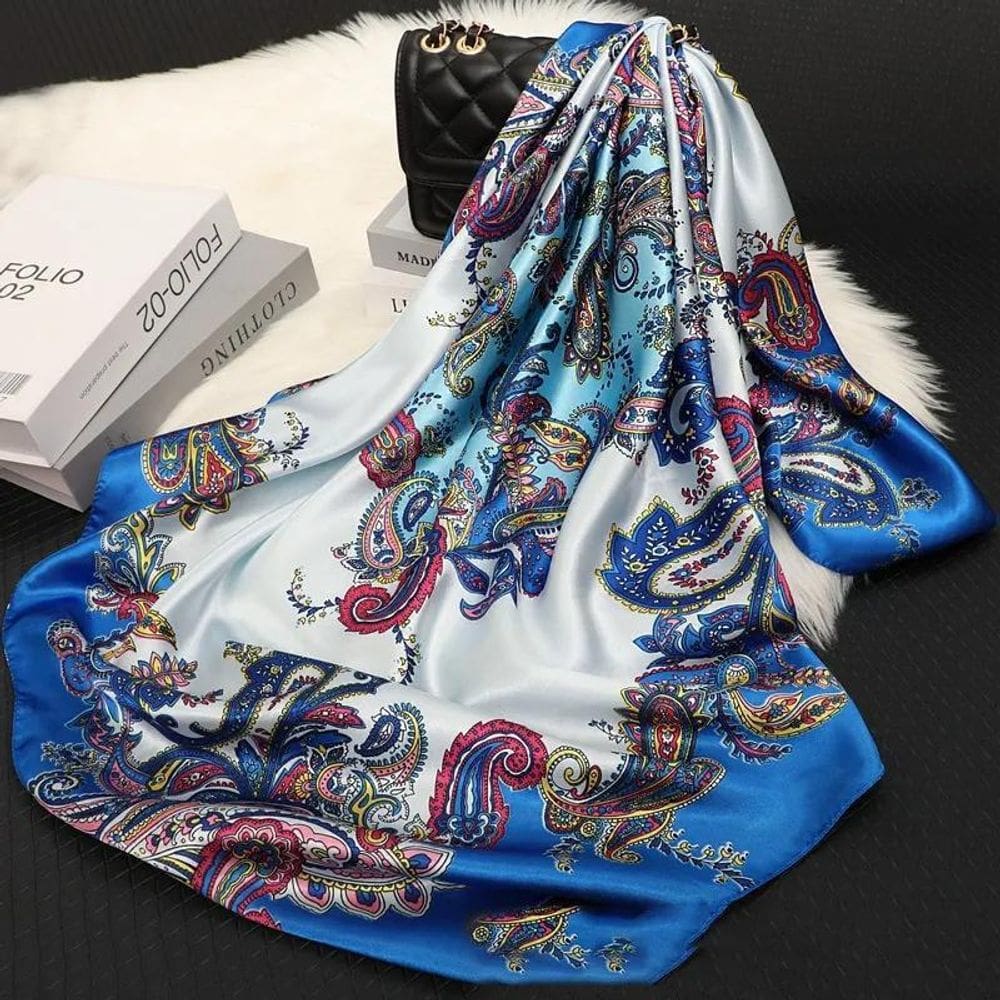 2X Lenço De Cetim Seda Retrô Estampado Feminina 90Cmx90Cm