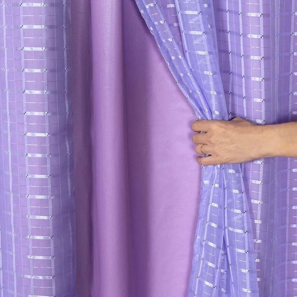 Cortina Voil Xadrez Com Forro Blackout 4,00 X 2,80 Lilas