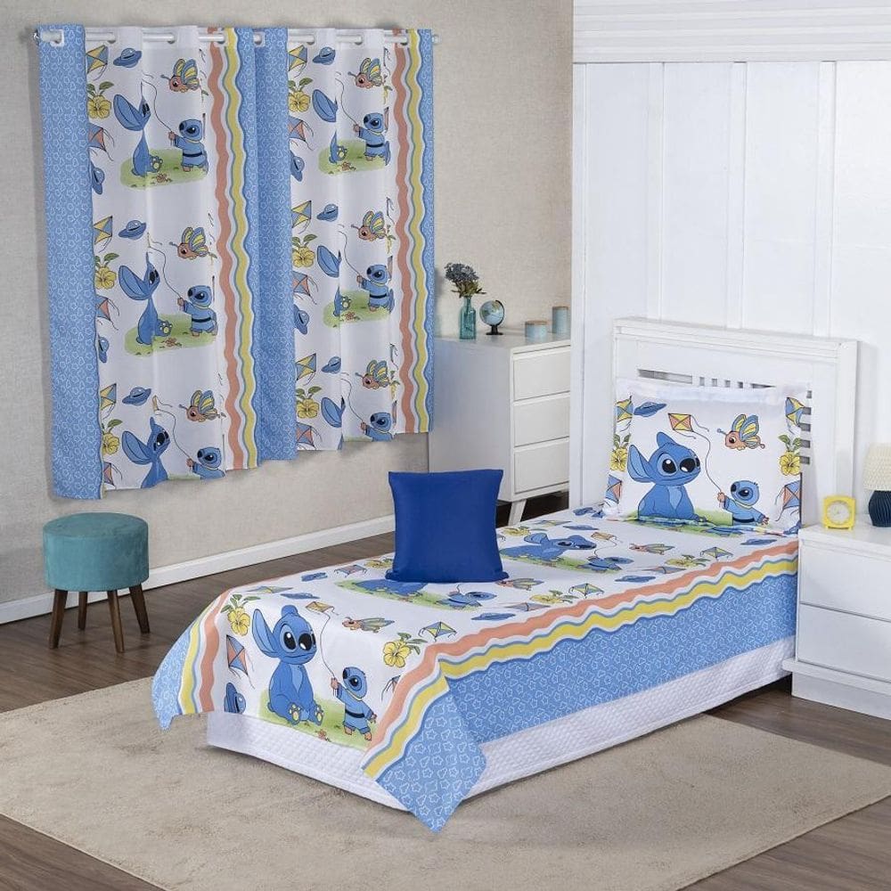 Kit Colcha Cobre Leito + Cortina Infantil Solteiro 4P Menino