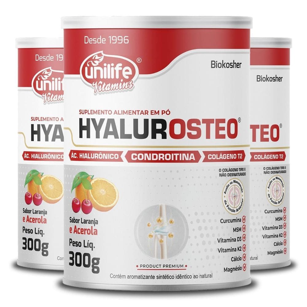 Kit 3 Hyalurosteo Condroitina Unilife Laranja Acerola 300G